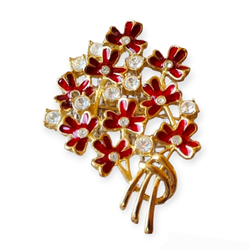 Vintage Red Enamel Gold Tone Metal Flower Bouquet Brooch